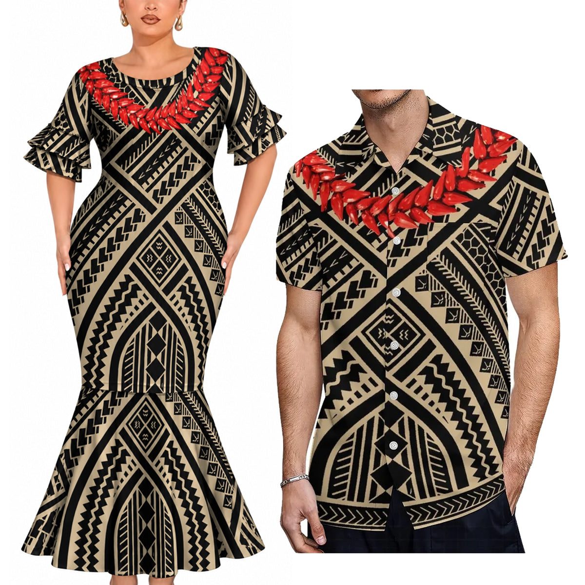 Polynesian Tribal Printed Couple Matching Outfit Island Short Sleeve Mermaid Long Dress And Shirt