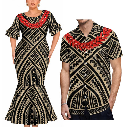 Polynesian Tribal Printed Couple Matching Outfit Island Short Sleeve Mermaid Long Dress And Shirt