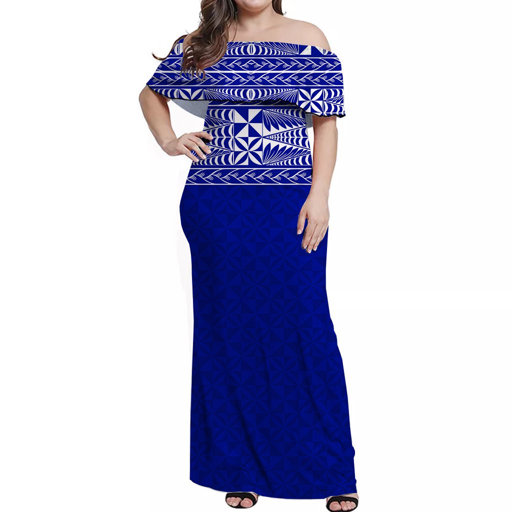 Tonga Off Shoulder Long Dress Tongan Pattern Blue Ver1