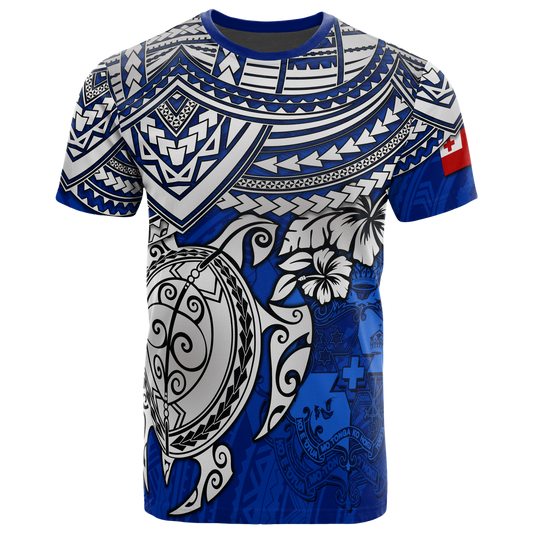 Tonga T - Shirt - Tonga Tonga Coat Of Arms Turtle Hibiscus Blue
