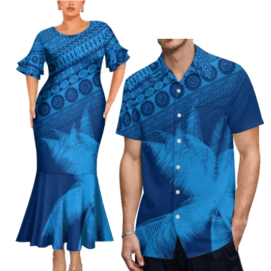 Polynesian Tribal Blue Printed Couples Matching Outfit Fishtail Skirt Dress And Shirt For Her Him