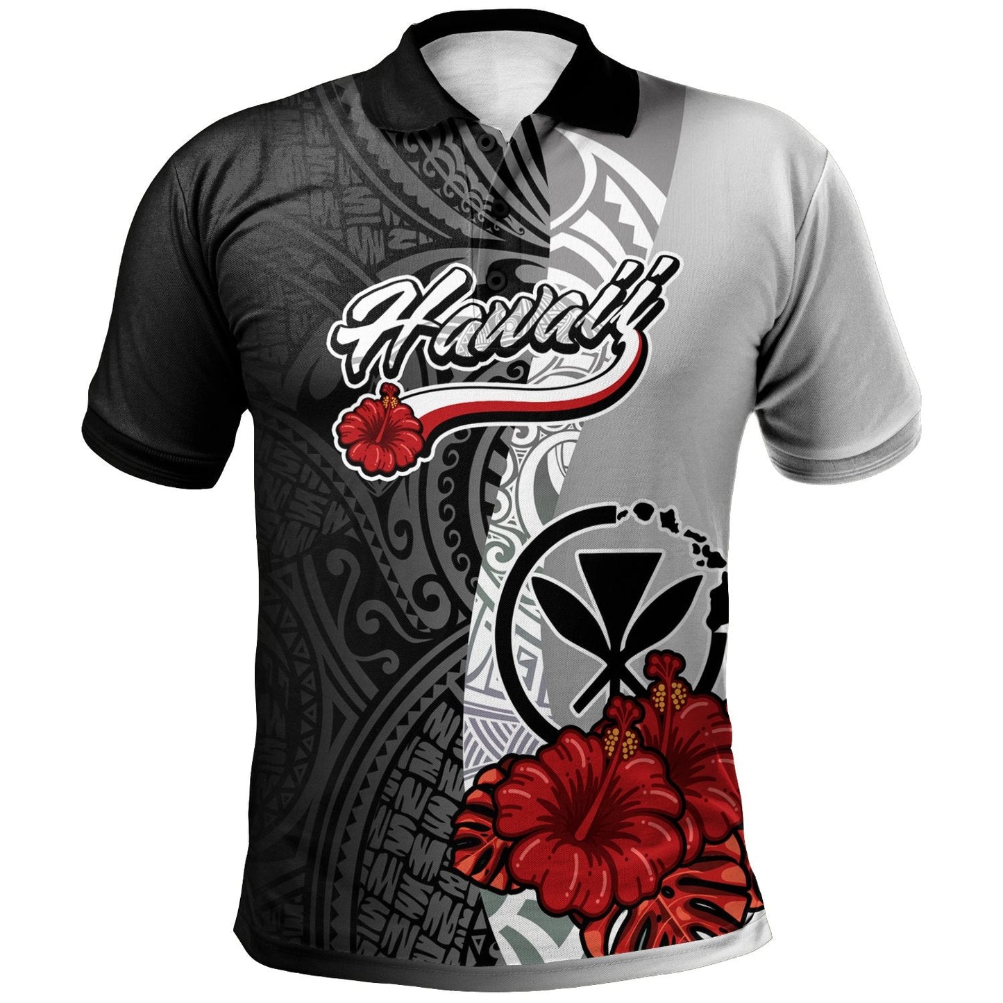 Hawaii Polynesian Polo Shirt - Coat Of Arm With Hibiscus White