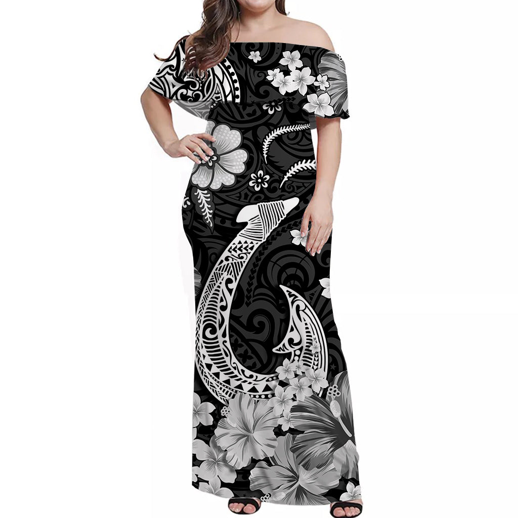 Hawaii Off Shoulder Long Dress Polynesia White Fish Hook
