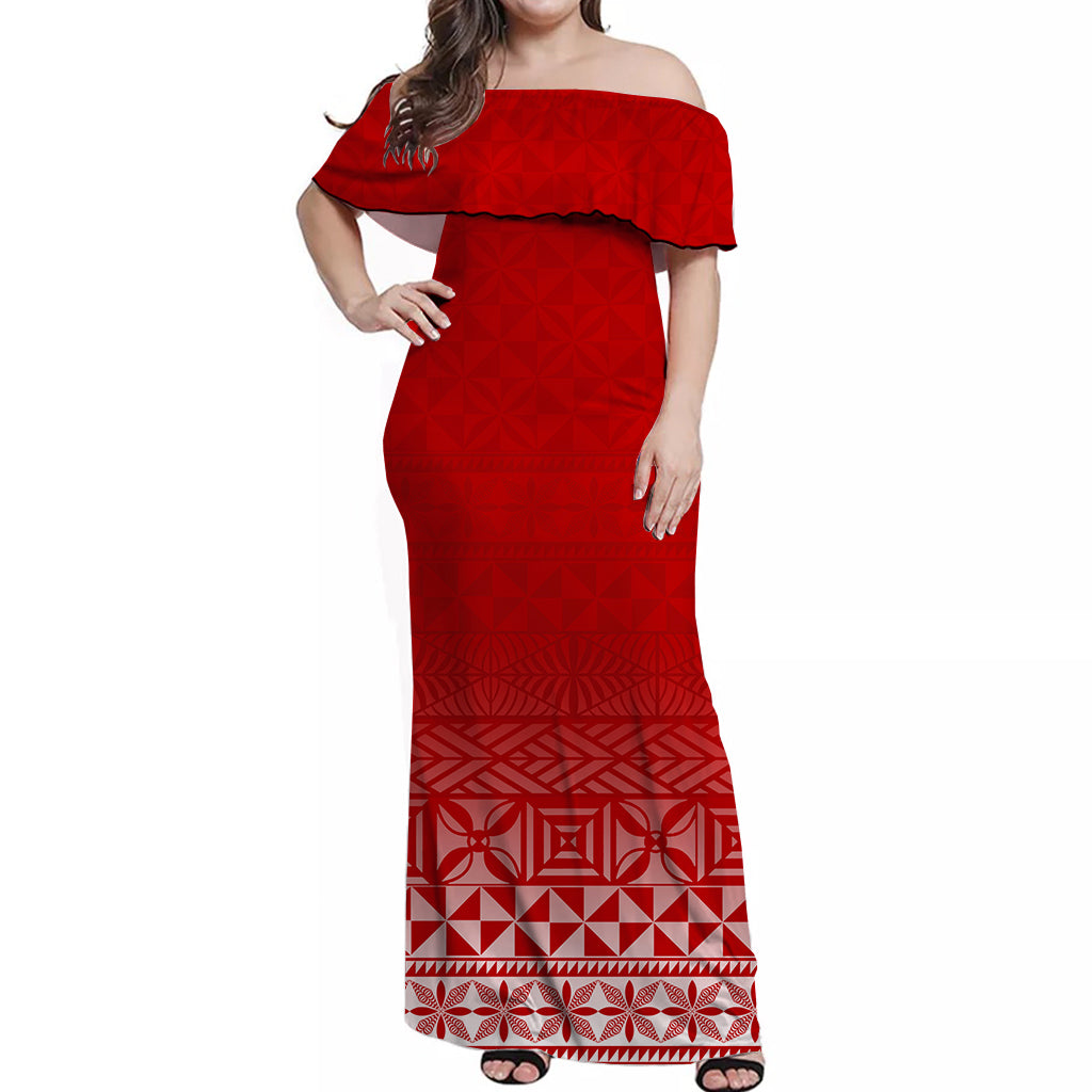 Tonga Off Shoulder Long Dress Tongan Pattern Red
