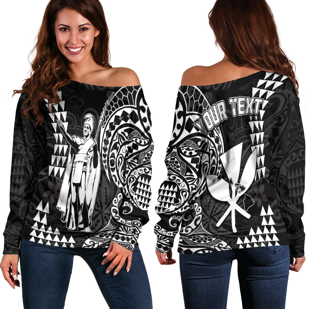 (Custom Personalised) Hawaii Day Kakau Off Shoulder Sweater Proud To Be Hawaiian Black King Kamehameha and Kanaka Maoli