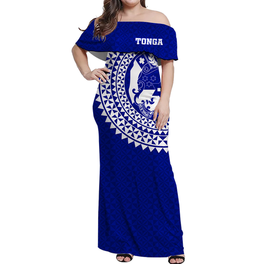 Tonga Women Off Shoulder Long Dress Tongan Blue Turtle