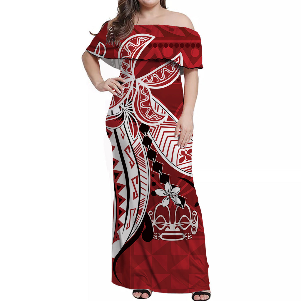 Marquesas Islands Off Shoulder Long Dress Red Polynesian Pattern Special