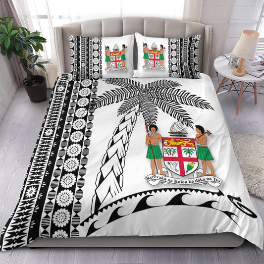 Fiji Bedding Set Tapa Pattern With Coconut Tree White