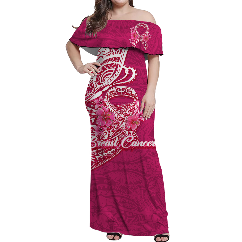 Breast Cancer Pink Ribbon Butterfly Polynesian Pink Version Off Shoulder Long Dress