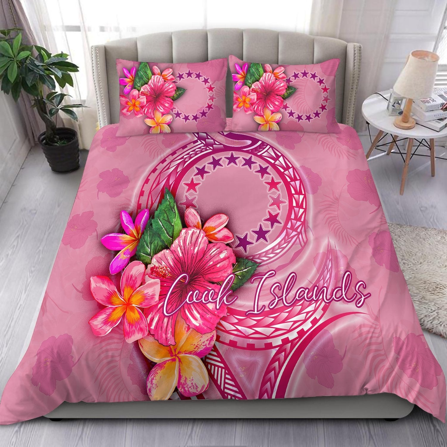 Cook Islands Polynesian Bedding Set Floral With Seal Pink