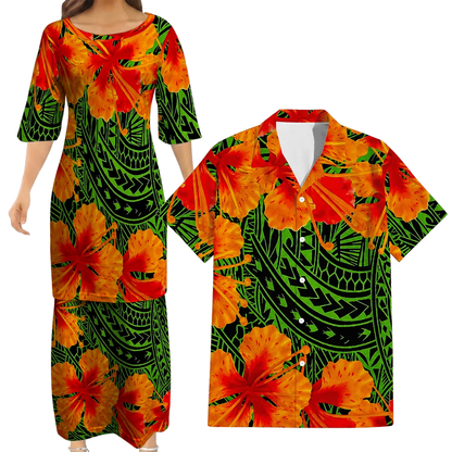 Polynesian Tribal Flowers Pattern Green Matching Outfit For Couple Island Puletasi Dress And Hawaiian Shirt