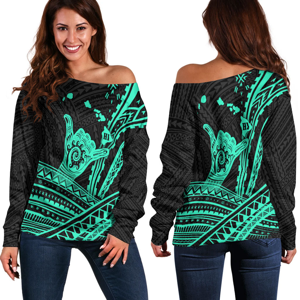 Hawaii Shaka Polynesian Tribal Turquoise Women Off Shoulder Sweater