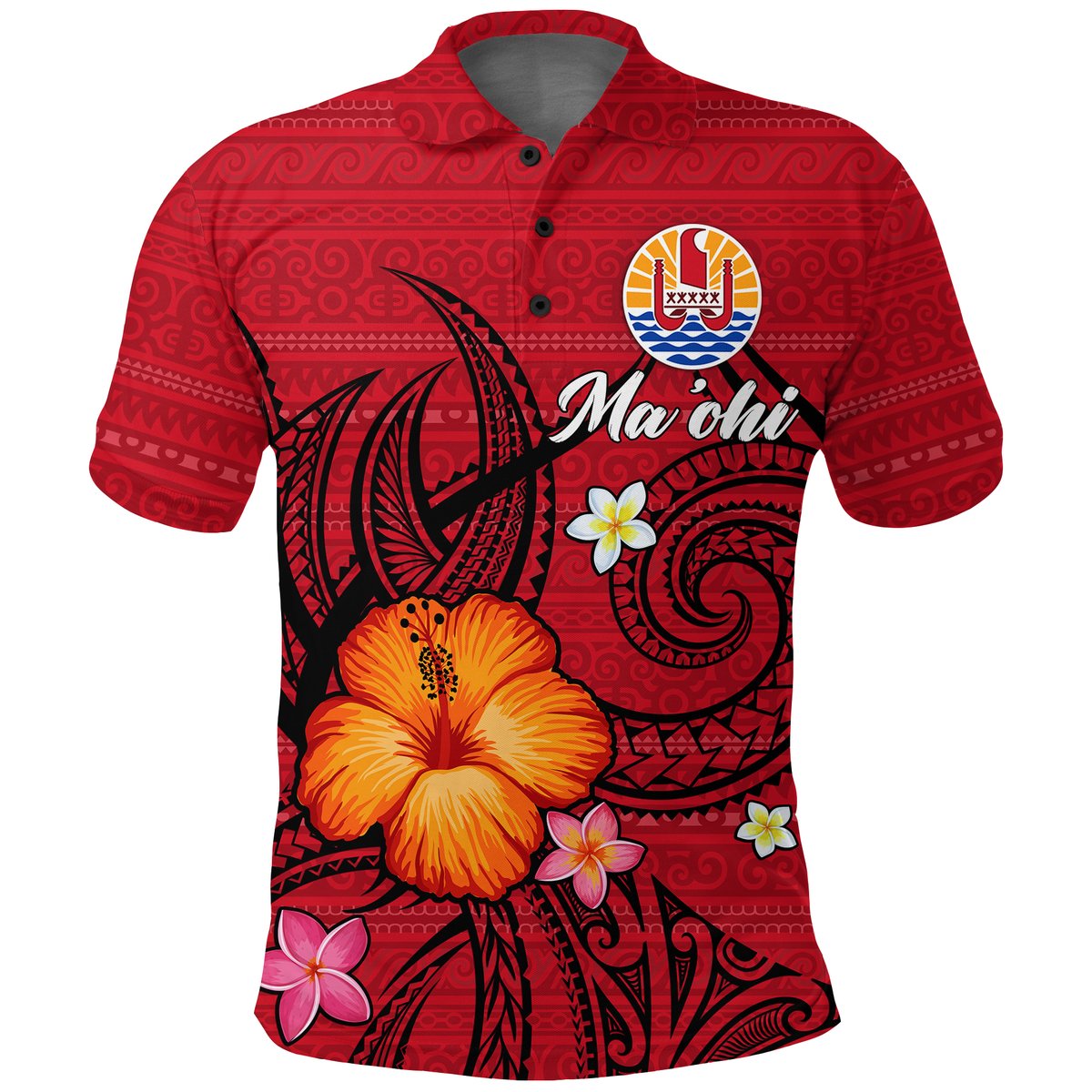Tahiti Maohi Polo Shirt - Hibiscus With Tribal