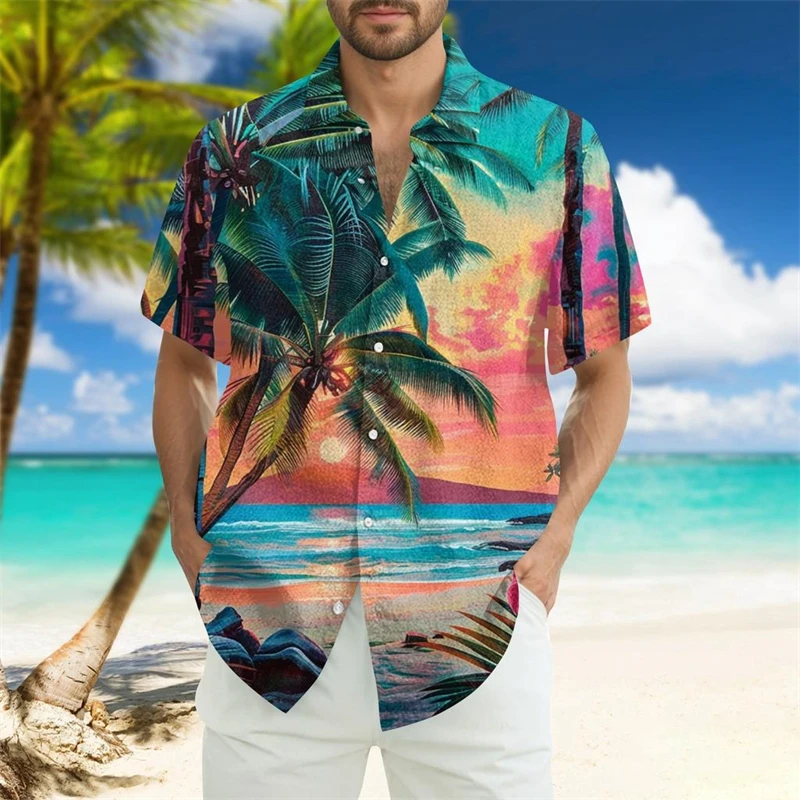 Vintage Beach Sunset Men's Hawaiian Shirt Tropical Island Summer Printed Short Sleeve Shirt
