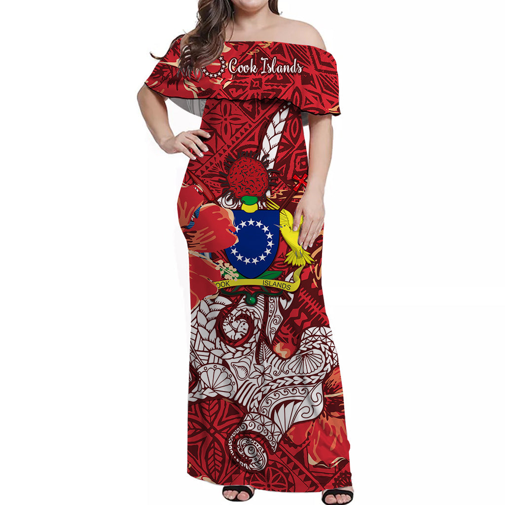 Cook Islands Off Shoulder Long Dress Hammerhead Shark Red