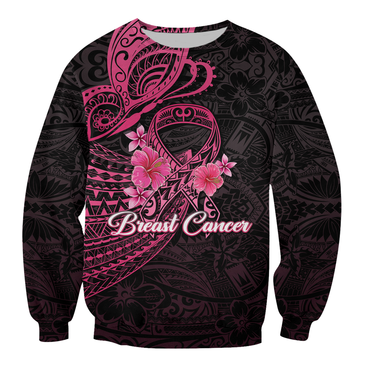 Breast Cancer Pink Ribbon Butterfly Polynesian Black Version Sweatshirt