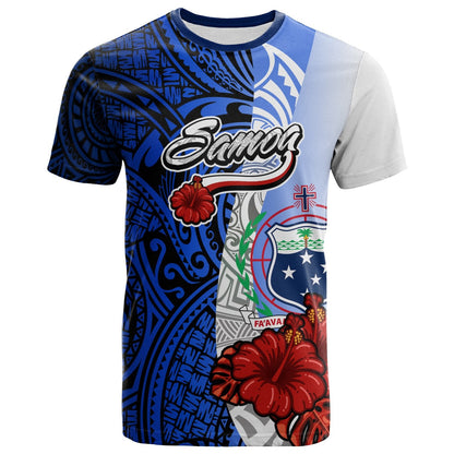 Samoa Polynesian T-Shirt - Coat Of Arm With Hibiscus Blue