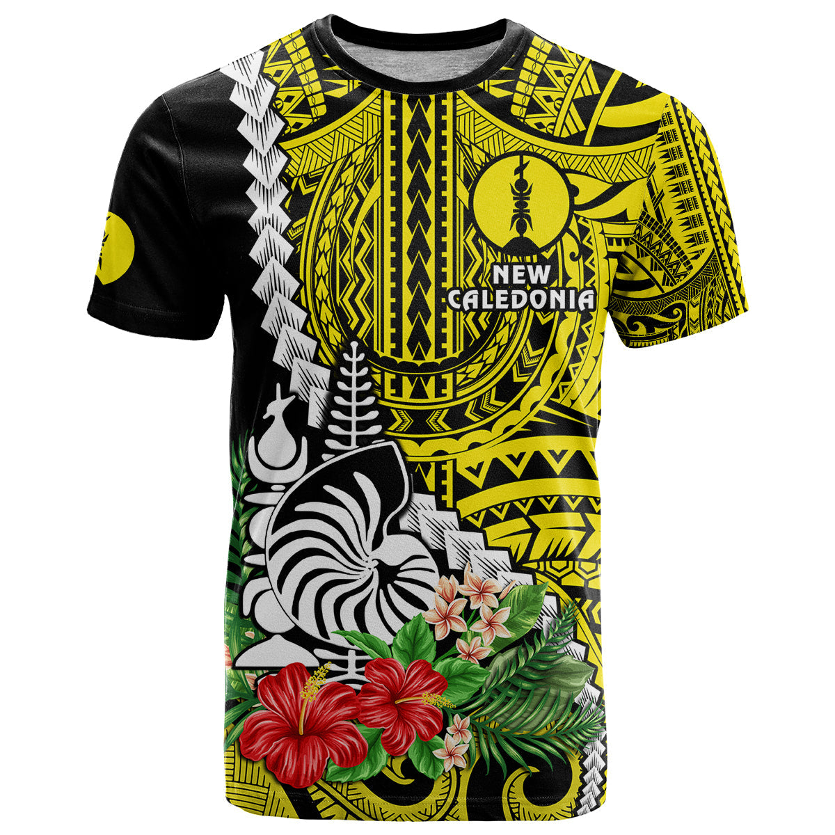 New Caledonia Polynesian Coat Of Arms Mix Tropical Flowers T Shirt