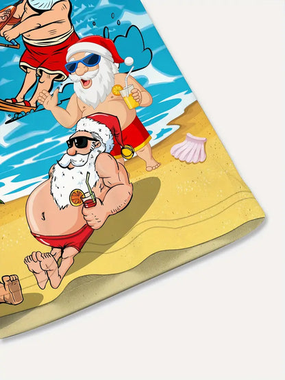 Tropical Christmas Santa Surfing & Beach Scene Print Hawaiian Shirt, Short Sleeve Button-Up Summer Shirt