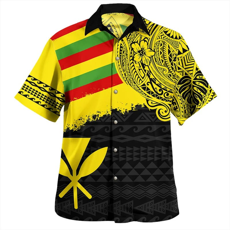 Kanaka Maoli Polynesian Tribal Pattern Printed Shirt Hawaii Island Short Sleeves Summer Hawaiian Shirt