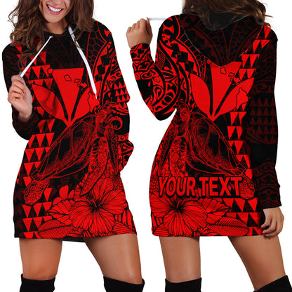 Custom Personalised Kakau Polynesian Tribal Hawaiian Turtle with Kanaka Maoli Red Hoodie Dress