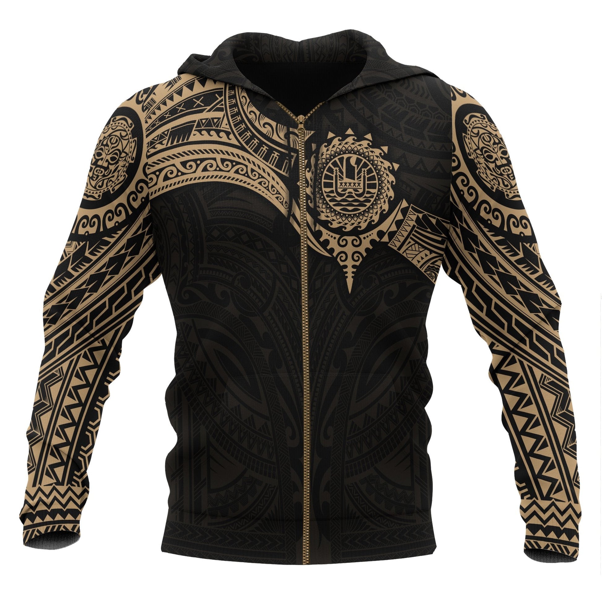 Tahiti Polynesian Zip Up Hoodie Gold Heart Shield