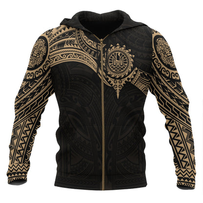 Tahiti Polynesian Zip Up Hoodie Gold Heart Shield