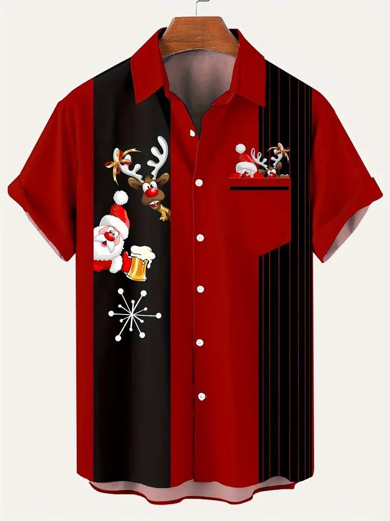 Men's Festive Christmas Santa Shirt - Funny Christmas Casual Short-Sleeve with Snowman & Santa Print Hawaiian Shirt For Him