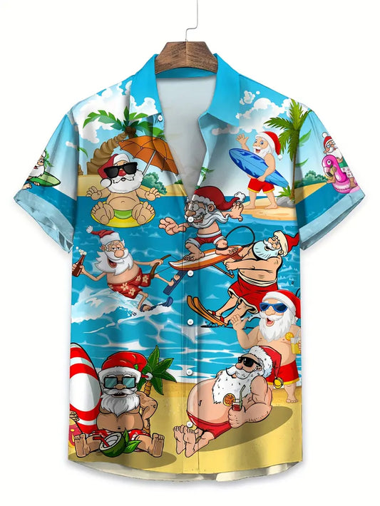 Tropical Christmas Santa Surfing & Beach Scene Print Hawaiian Shirt, Short Sleeve Button-Up Summer Shirt