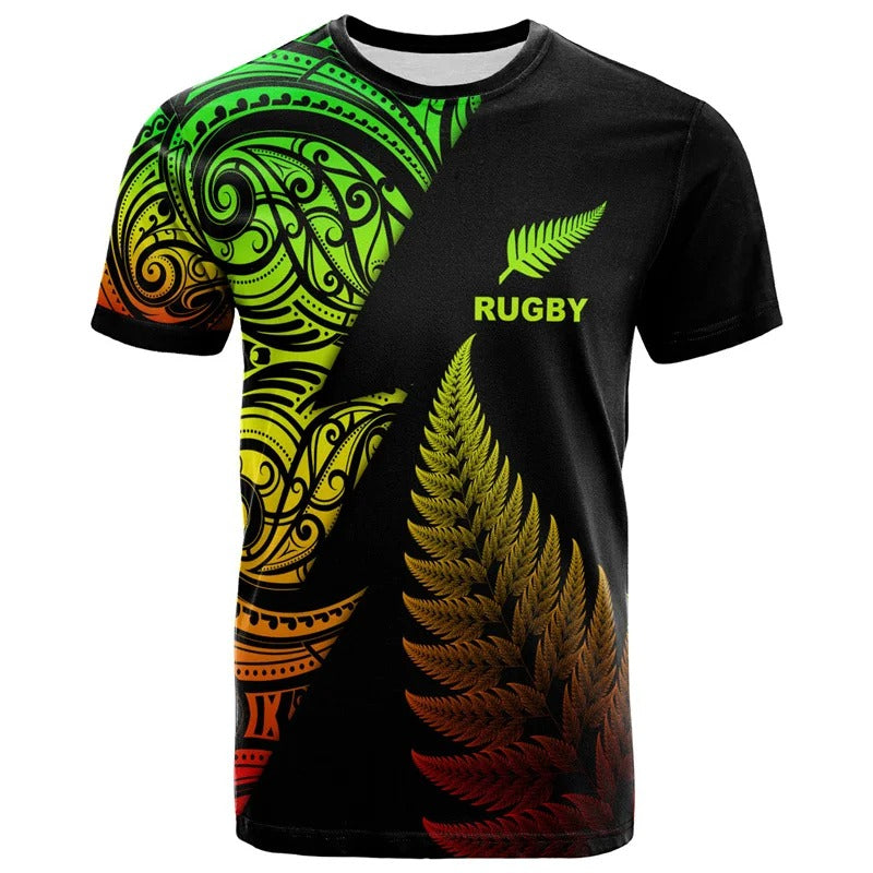 Reggae New Zealand Maori Rugby T Shirt Unisex Polynesian Silver Fern Leaf Shirt Round Neck Short Sleeves Tops