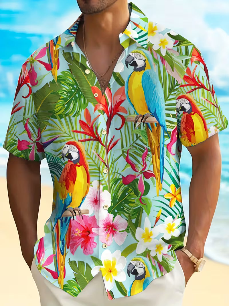 Men's Vibrant Parrot & Tropical Floral Print Hawaiian Shirt Tropical Beach Short Sleeve Button Printed Shirt For Him