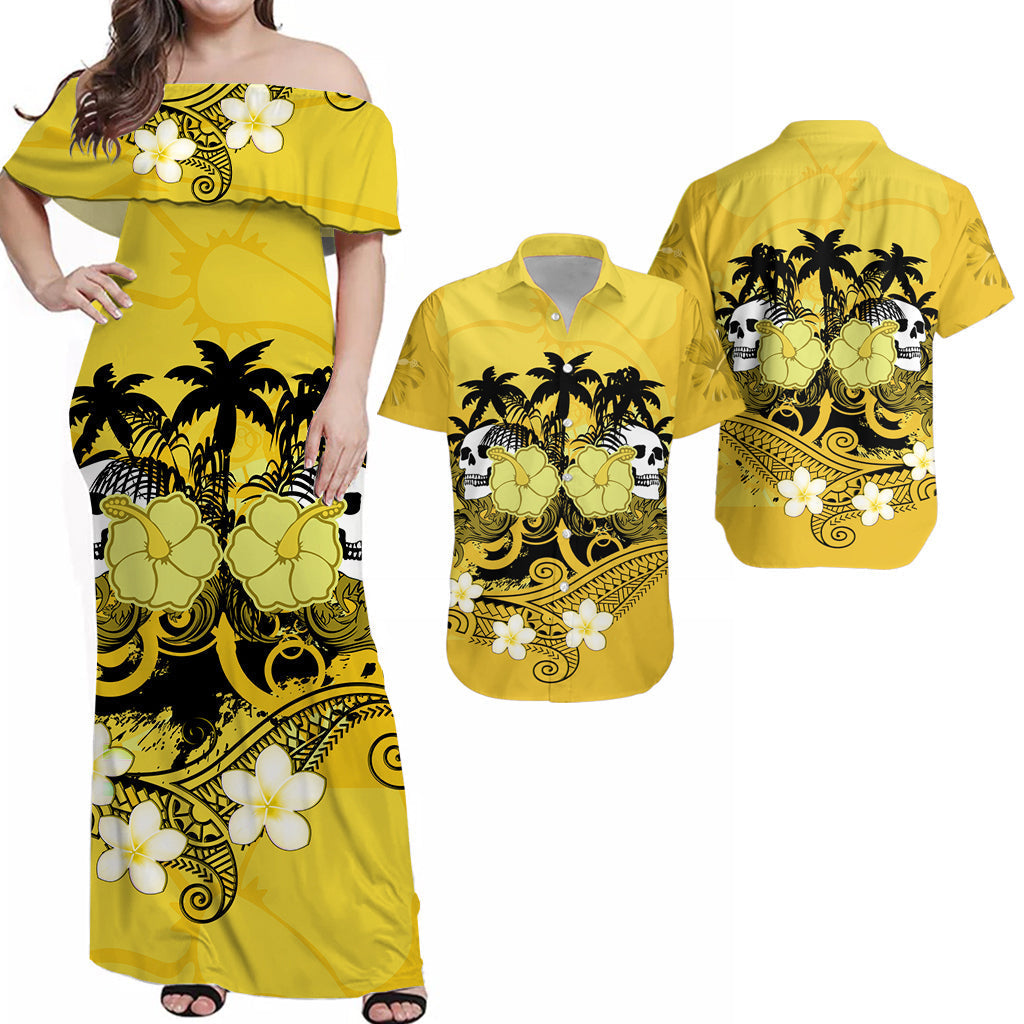 Hawaii Matching Clothes For Couples Hawaii Skull Combo Dress and Hawaiian Shirt Mysterious Polynesia and Yellow Flowers