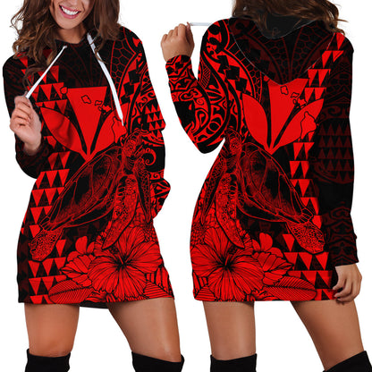 Kakau Polynesian Tribal Hawaiian Turtle with Kanaka Maoli Red Hoodie Dress