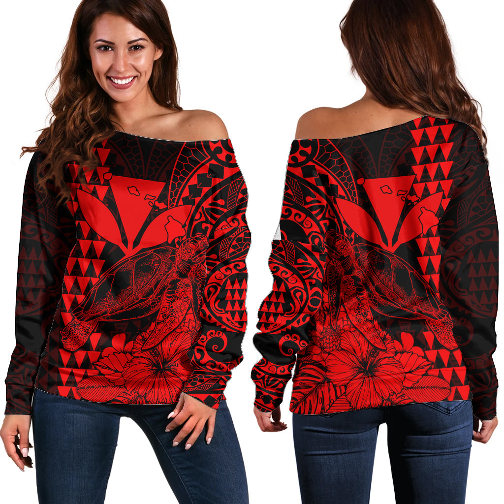 Kakau Polynesian Tribal Hawaiian Turtle with Kanaka Maoli Red Off Shoulder Sweater