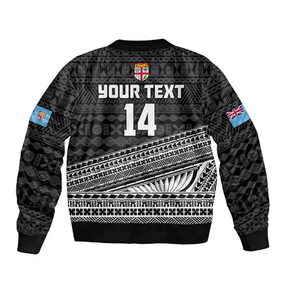 (Custom Text And Number) Fiji Sevens Rugby Fijian 7s Black Tapa Polynesian Art Bomber Jacket