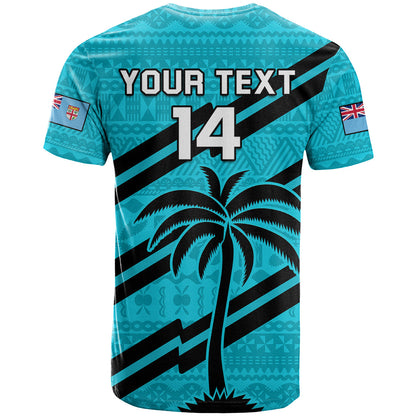 (Custom Text And Number) Fiji Rugby Tapa Pattern Fijian 7s Cyan T Shirt