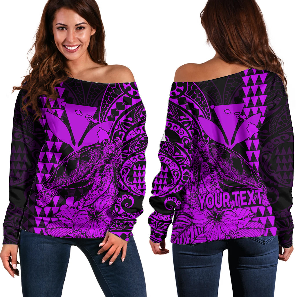 (Custom Personalised) Kakau Polynesian Tribal Hawaiian Turtle with Kanaka Maoli Purple Off Shoulder Sweater