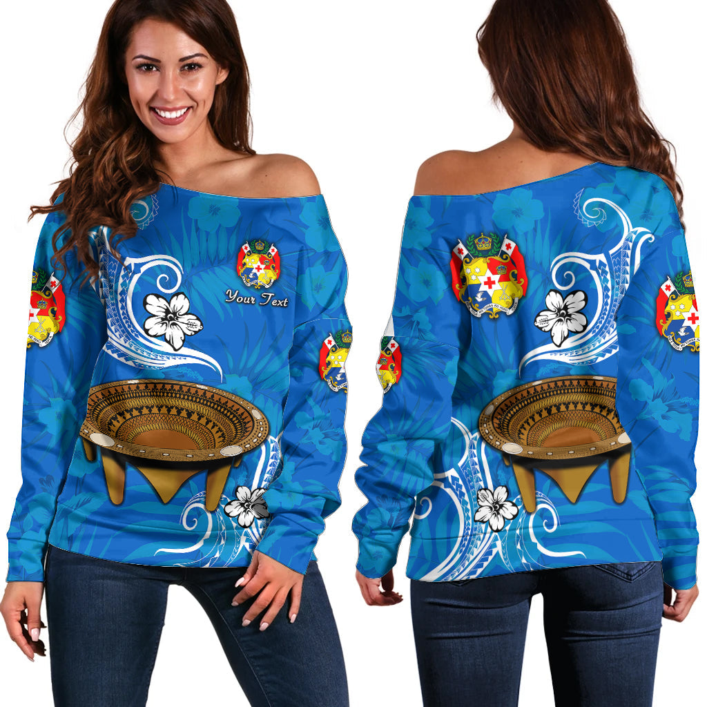 (Custom Personalised) Tonga Kumete Kava Bowl Sila Vibes Blue Off Shoulder Sweater