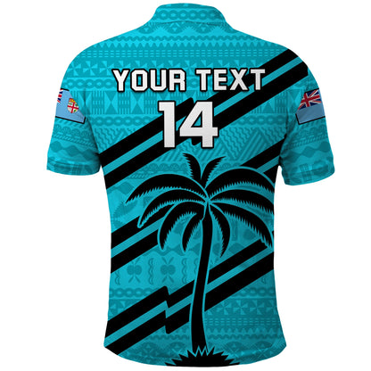 Custom Text And Number Fiji Rugby Tapa Pattern Fijian 7s Cyan Polo Shirt