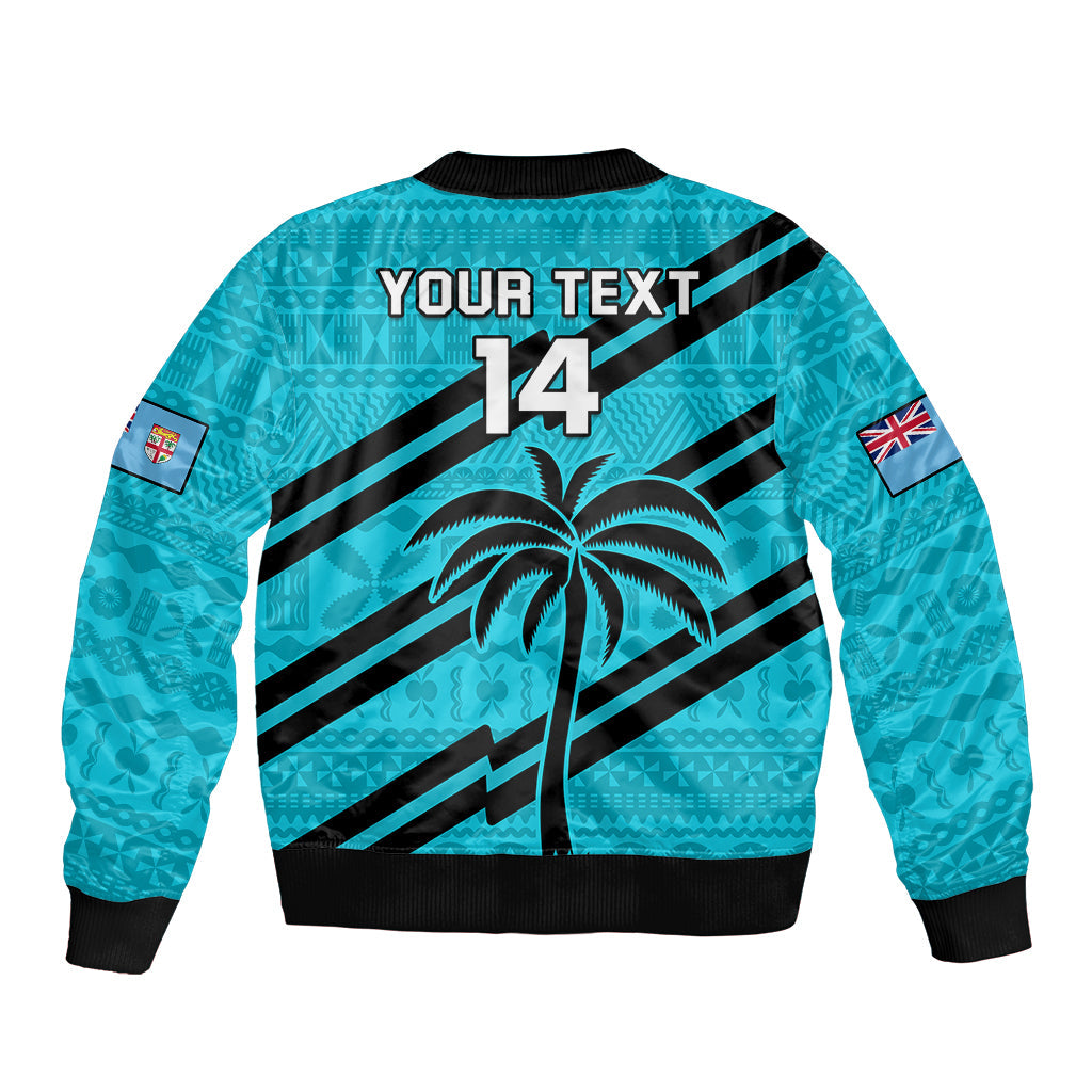 (Custom Text And Number) Fiji Rugby Tapa Pattern Fijian 7s Cyan Bomber Jacket