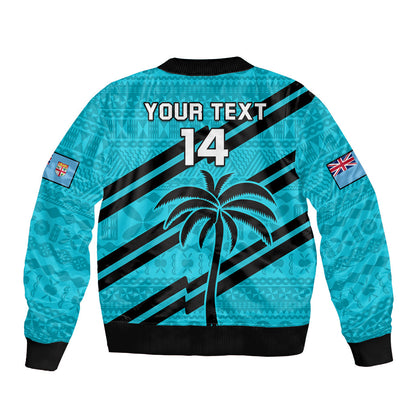 (Custom Text And Number) Fiji Rugby Tapa Pattern Fijian 7s Cyan Bomber Jacket