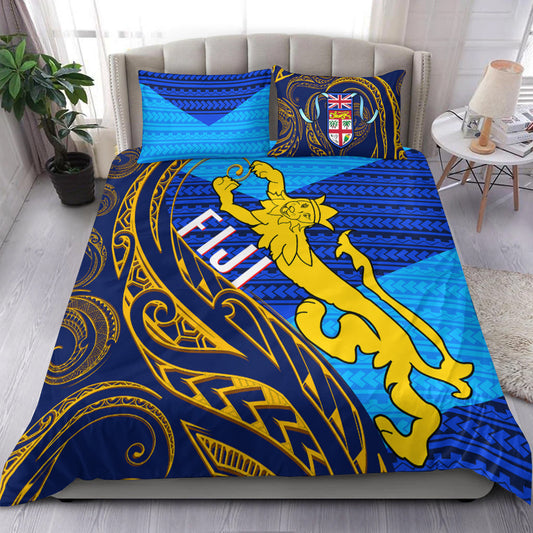 Fiji Bedding Set Flag's Color With Gold Polynesian Pattern