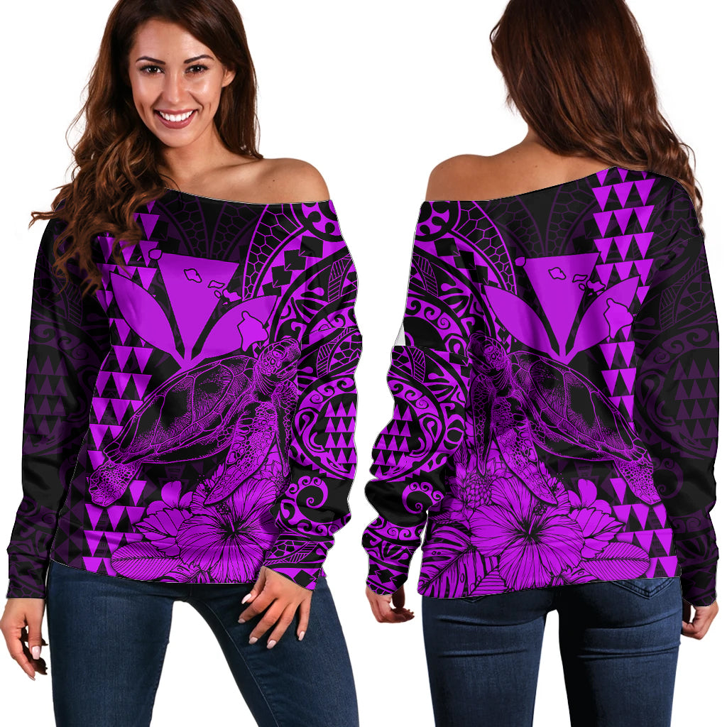Kakau Polynesian Tribal Hawaiian Turtle with Kanaka Maoli Purple Off Shoulder Sweater