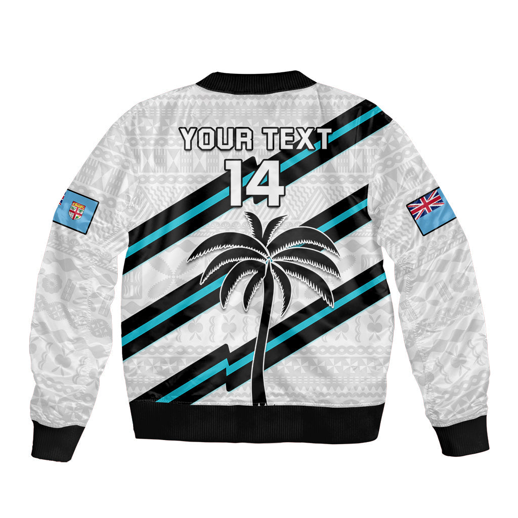 (Custom Text And Number) Fiji Rugby Tapa Pattern Fijian 7s White Bomber Jacket