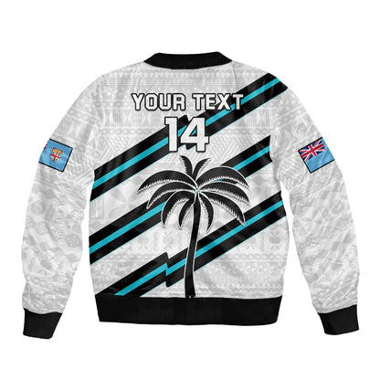 (Custom Text And Number) Fiji Rugby Tapa Pattern Fijian 7s White Bomber Jacket