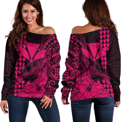 Kakau Polynesian Tribal Hawaiian Turtle with Kanaka Maoli Pink Off Shoulder Sweater