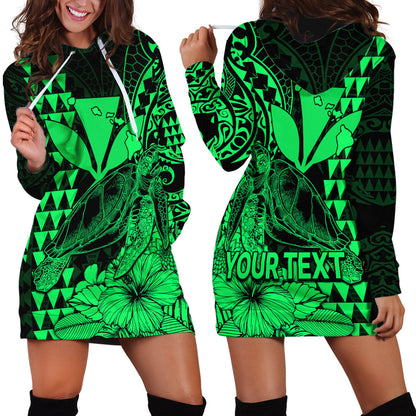 Custom Personalised Kakau Polynesian Tribal Hawaiian Turtle with Kanaka Maoli Green Hoodie Dress
