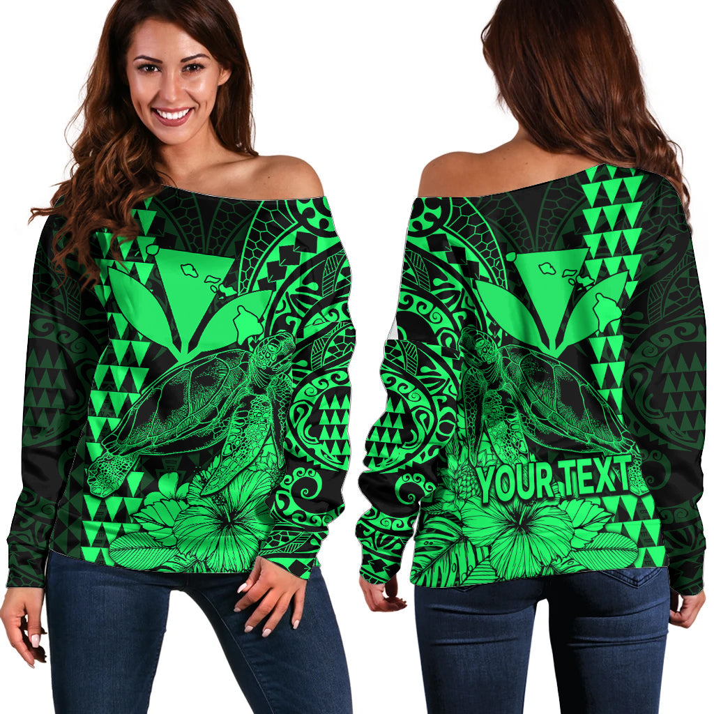 (Custom Personalised) Kakau Polynesian Tribal Hawaiian Turtle with Kanaka Maoli Green Off Shoulder Sweater