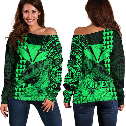 (Custom Personalised) Kakau Polynesian Tribal Hawaiian Turtle with Kanaka Maoli Green Off Shoulder Sweater