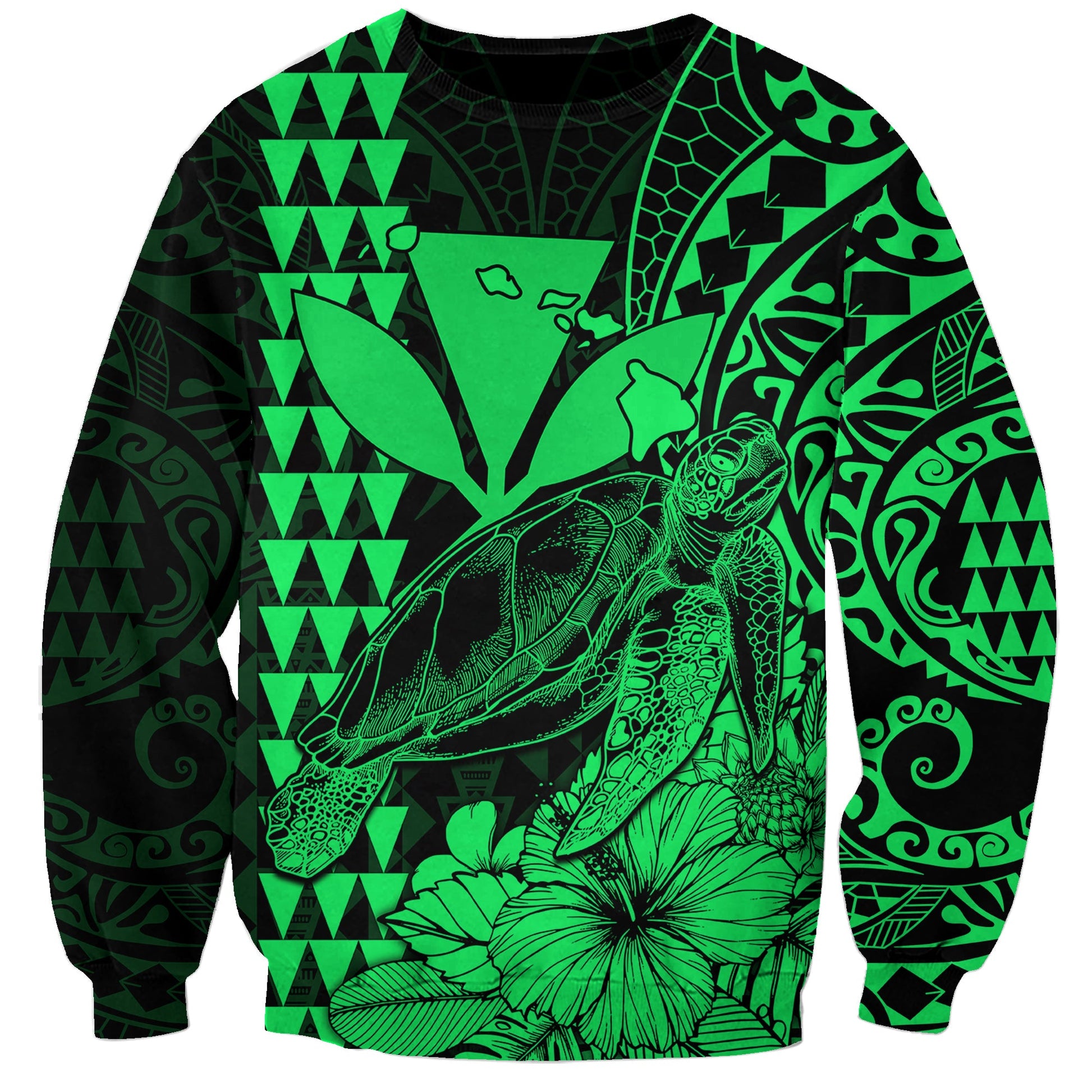 Custom Personalised Kakau Polynesian Tribal Hawaiian Turtle with Kanaka Maoli Green Sweatshirt